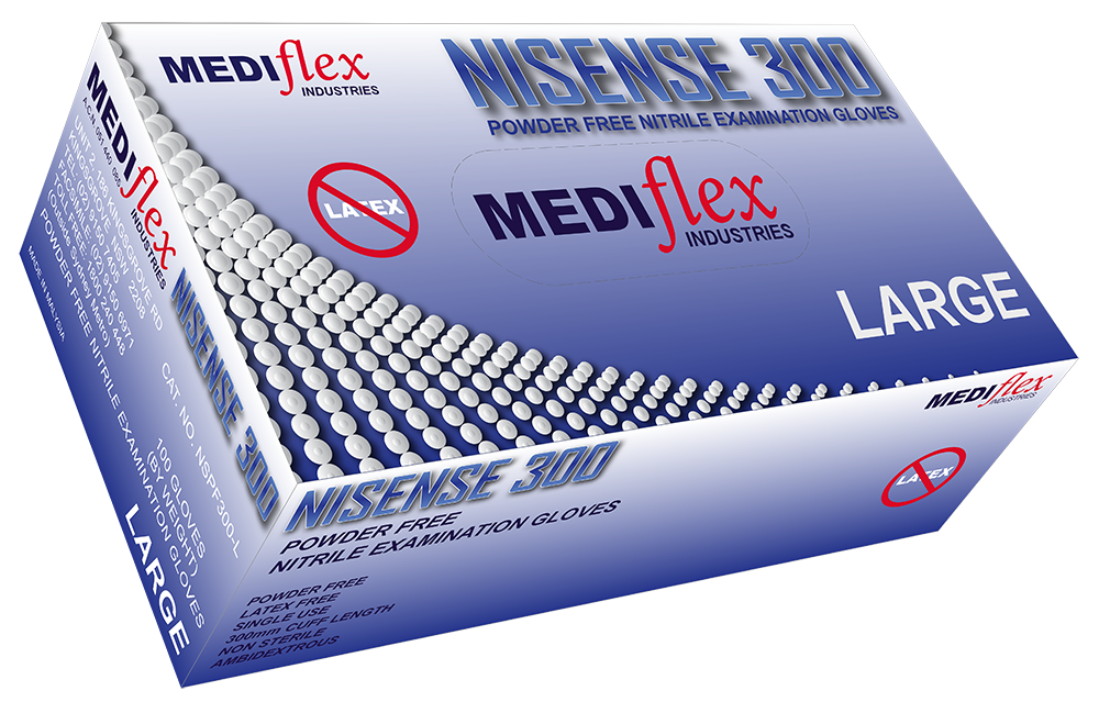 Nisense 300 Powder Free Long Cuff Nitrile Gloves - Mediflex Industries